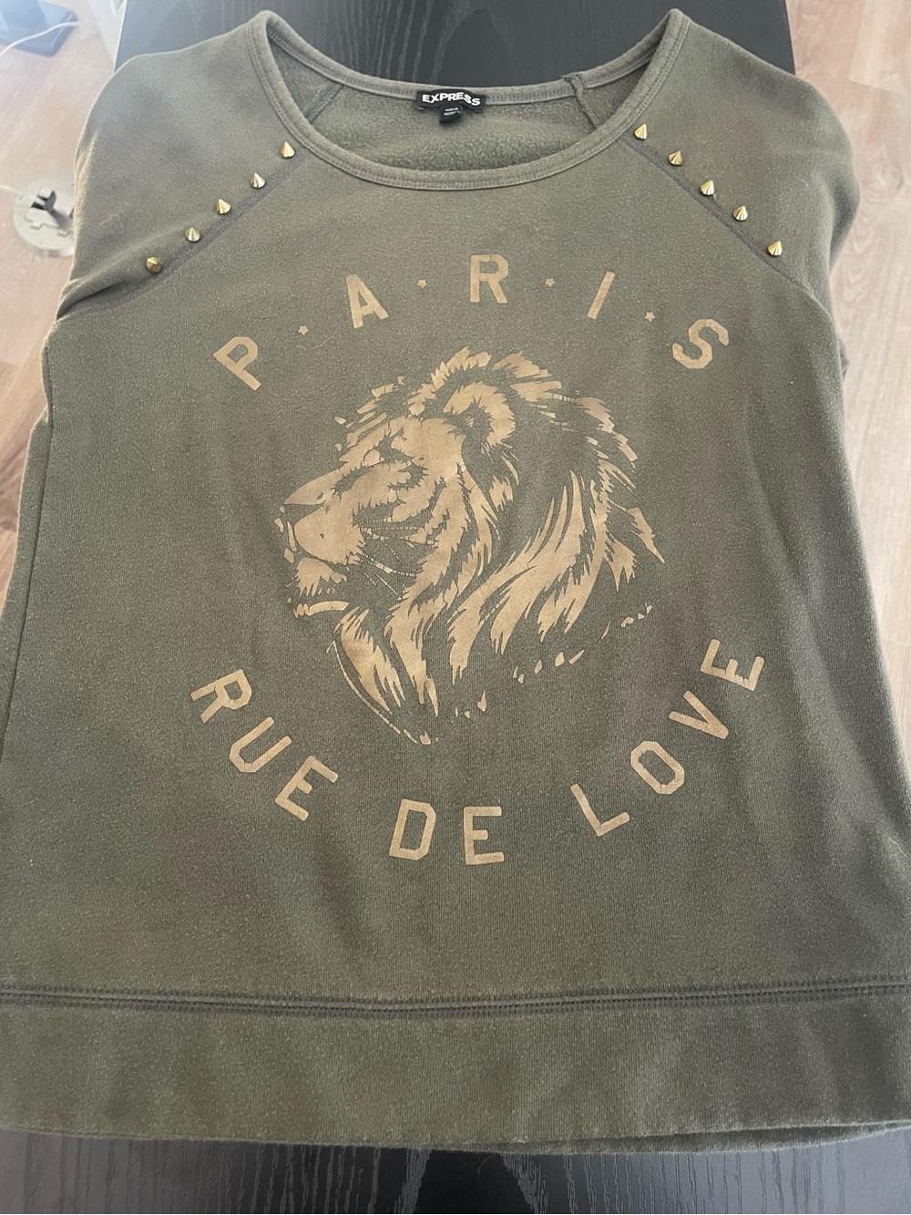 Express Olive Green Lion Graphic Pullover with Gold Studs
